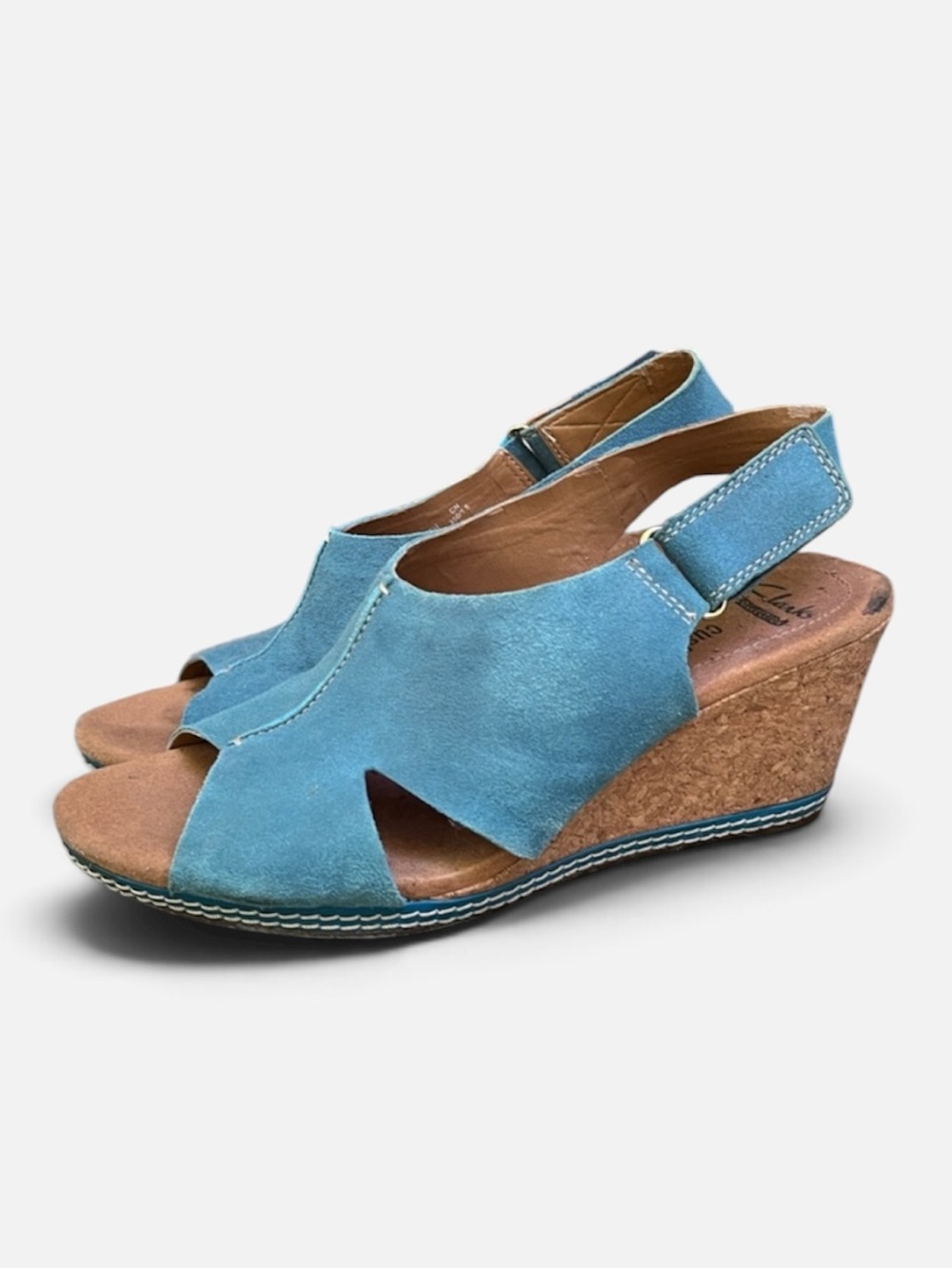 Clark’s Helio Float Cork Wedge Sandal in Teal Suede Size 9 - Picture 2 of 10